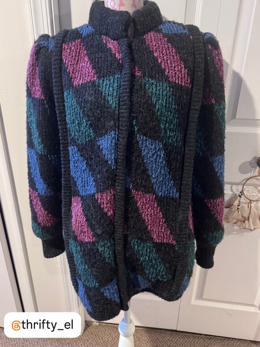 Carlisle Black Geometric Knit Jacket with Pink, Teal & Blue Accents